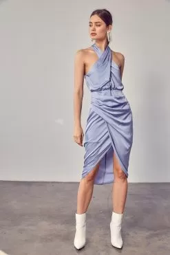 Mellie Satin Halter Wrap Midi Dress- Misty Blue