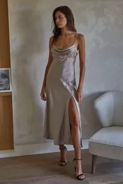 Lucia Satin Cowl Neck Maxi Dress - Mocha