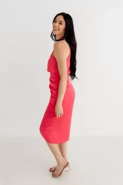 Mellie Satin Halter Wrap Midi Dress- Coral -Fashion Store IMG 6334