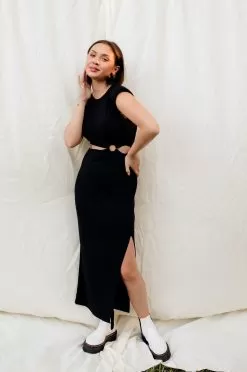 Rita Padded Shoulder Cutout O-Ring Midi Dress