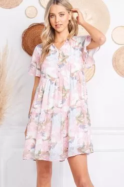 Davina Floral Tiered Babydoll Dress -Fashion Store LD3543 MULTI FRONT