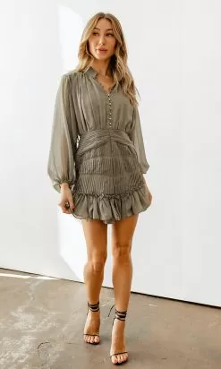 Shine On Pleated Ruffle Mini Dress - Olive