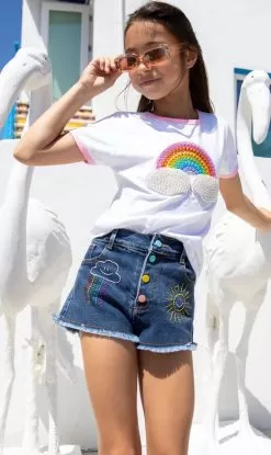 Embroidered Rainbow Denim Shorts -Fashion Store bottoms embroidered rainbow denim shorts lola the boys 28804373250150