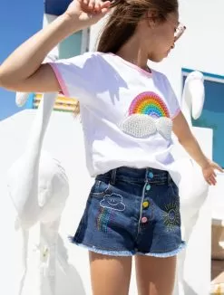 Embroidered Rainbow Denim Shorts -Fashion Store bottoms embroidered rainbow denim shorts lola the boys 28804373577830