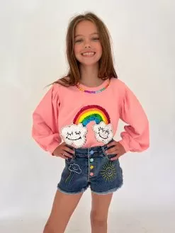 Embroidered Rainbow Denim Shorts -Fashion Store bottoms embroidered rainbow denim shorts lola the boys 28894362304614