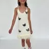 Crystal Butterfly Feather Trims Dress -Fashion Store dress crystal butterfly feather trims dress lola the boys 29651619643494