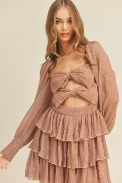 All Wrapped Up Metallic Pleated Mini Dress -Fashion Store md3324 dusty rose 4