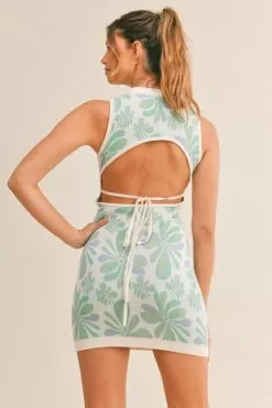 Naya Floral Open Back Knit Dress -Fashion Store md3541 green 9